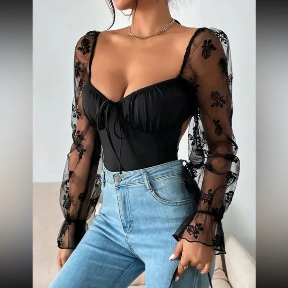 Luxe floral mesh sleeve open back bodysuit